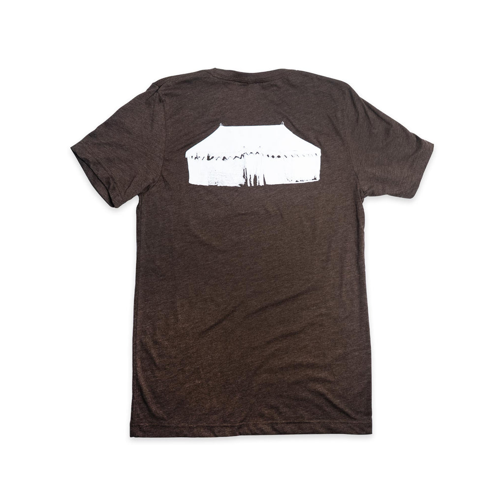The “I Saw Washington’s War Tent” T-Shirt is a brown short-sleeve shirt featuring a white graphic of Washington’s War Tent on the upper back, inspired by the iconic artifact at the Museum of the American Revolution, shown on a plain white background.