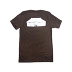 The “I Saw Washington’s War Tent” T-Shirt is a brown short-sleeve shirt featuring a white graphic of Washington’s War Tent on the upper back, inspired by the iconic artifact at the Museum of the American Revolution, shown on a plain white background.
