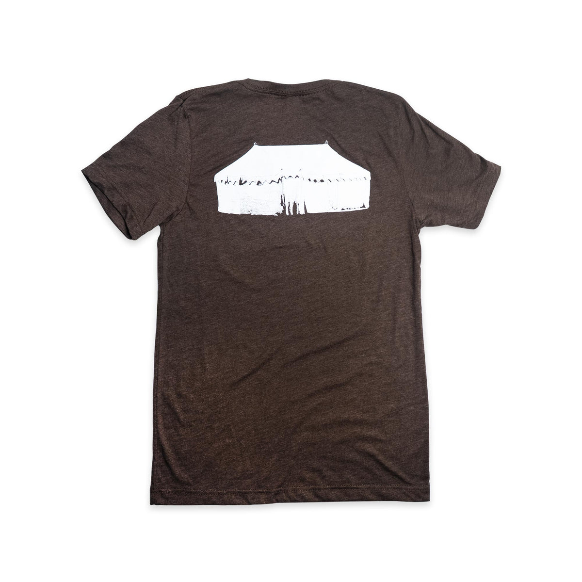 The “I Saw Washington’s War Tent” T-Shirt is a brown short-sleeve shirt featuring a white graphic of Washington’s War Tent on the upper back, inspired by the iconic artifact at the Museum of the American Revolution, shown on a plain white background.