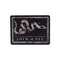 The Join or Die Wood Magnet showcases a black and white illustration of a segmented snake above the phrase "JOIN, or DIE," inspired by Revolutionary history. Each segment bears colonial abbreviations, symbolizing unity among the states. With its distressed, vintage look, this bold collectible wood magnet is a perfect way to celebrate America’s heritage.