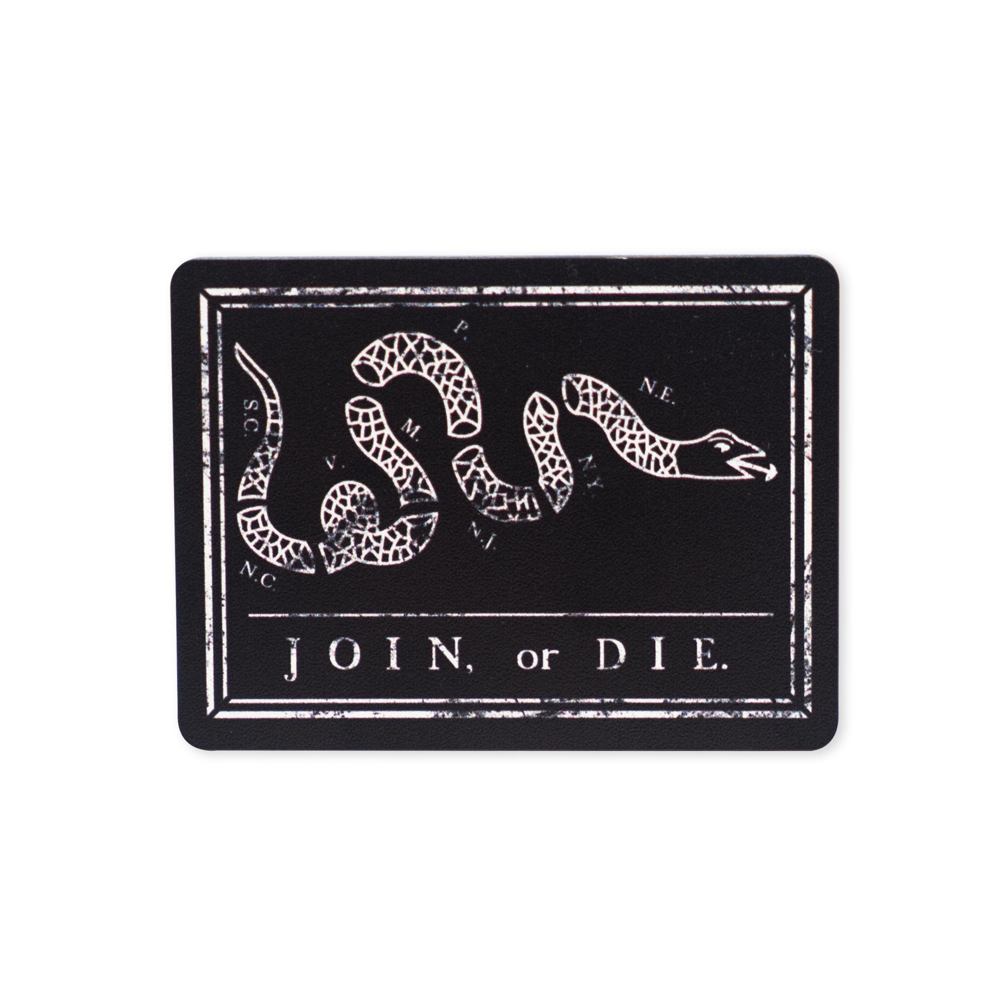 The Join or Die Wood Magnet showcases a black and white illustration of a segmented snake above the phrase "JOIN, or DIE," inspired by Revolutionary history. Each segment bears colonial abbreviations, symbolizing unity among the states. With its distressed, vintage look, this bold collectible wood magnet is a perfect way to celebrate America’s heritage.