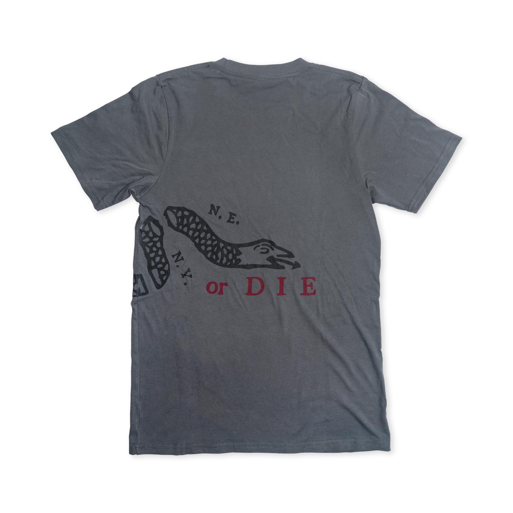 The Join or Die Crewneck T-Shirt features a gray base adorned with a bold black snake graphic and the text “N.E. NY. or DIE” across the back, channeling the rebellious energy of Revolutionary-era political art. The snake wraps partially around the shirt, while “or DIE” stands out in vivid red—a modern tribute to the iconic American Revolution-era Join or Die T-shirt design.