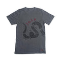 The Join or Die Crewneck T-Shirt features a gray base with a striking black segmented snake graphic and bold red “JOIN” text above it. Surrounding the snake are the letters P., N.C., S.C., V., and N.J., in reference to the historic “Join, or Die” image—a powerful symbol of Revolutionary-era political art—making this shirt an ideal choice for history enthusiasts and fans of American Revolution memorabilia.