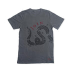 The Join or Die Crewneck T-Shirt features a gray base with a striking black segmented snake graphic and bold red “JOIN” text above it. Surrounding the snake are the letters P., N.C., S.C., V., and N.J., in reference to the historic “Join, or Die” image—a powerful symbol of Revolutionary-era political art—making this shirt an ideal choice for history enthusiasts and fans of American Revolution memorabilia.