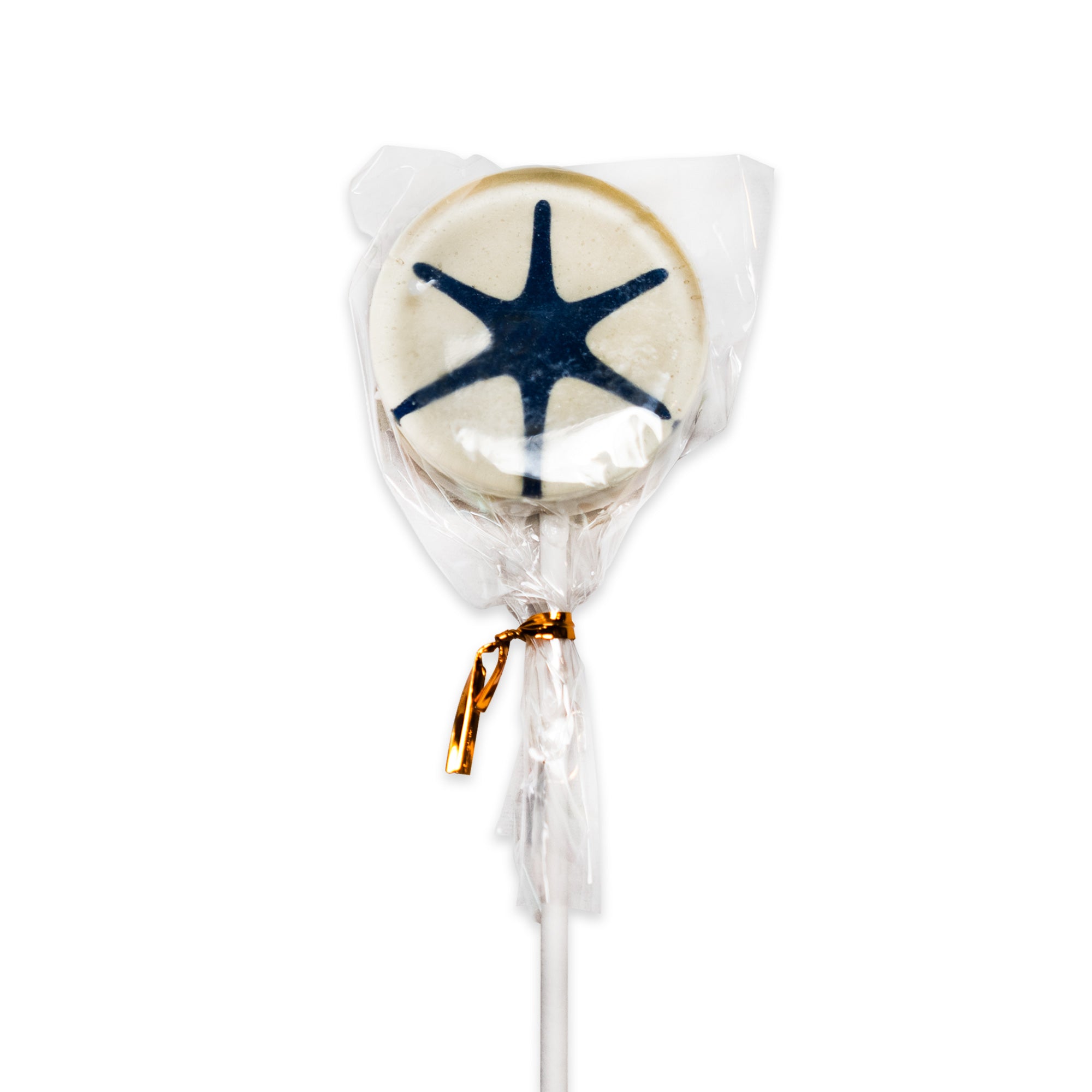 A Museum Logo Lollipop, featuring a round strawberry shape with a blue starfish design, is wrapped in clear plastic and tied with a gold twist tie. It sits on a white stick against a plain white background—a sweet treat that echoes flavors enjoyed throughout American history.