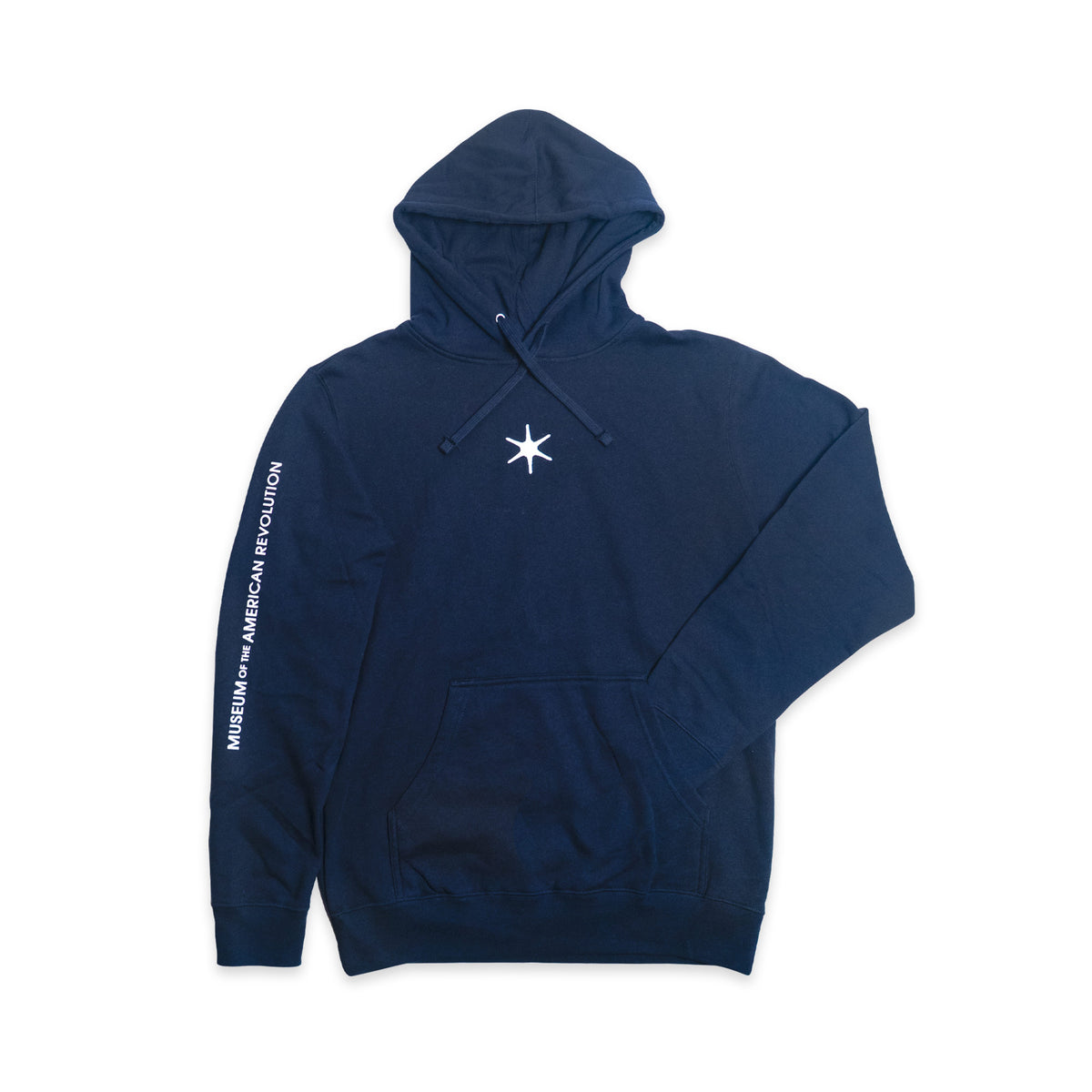 The Museum Hoodie, shown on a white background, is navy blue with a white star emblem on the chest and “MUSEUM of the AMERICAN REVOLUTION” printed along the right sleeve.