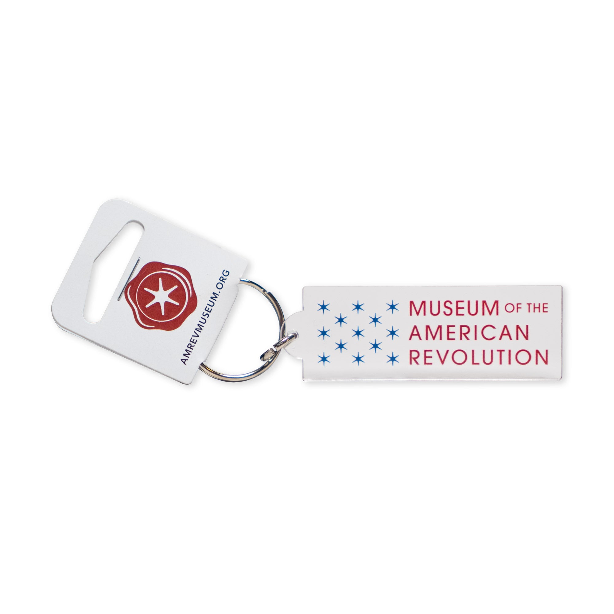 The Acrylic Museum Keychain is a rectangular acrylic accessory featuring the Museum of the American Revolution and blue stars, attached to a white tag with a red emblem and the website amrevmuseum.org—making it an ideal collectible gift for history enthusiasts.