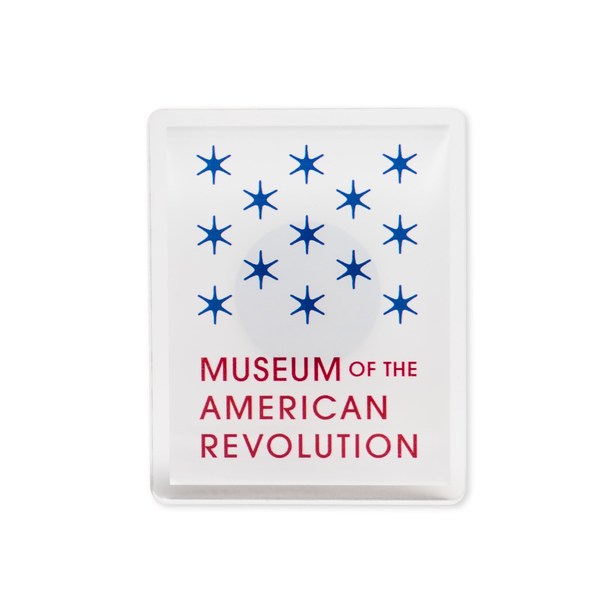 Acrylic Museum Magnet featuring the Museum of the American Revolution logo with thirteen blue stars arranged in a circle and bold red text reading "Museum of the American Revolution" on a white background. This patriotic collectible magnet is perfect for history enthusiasts.