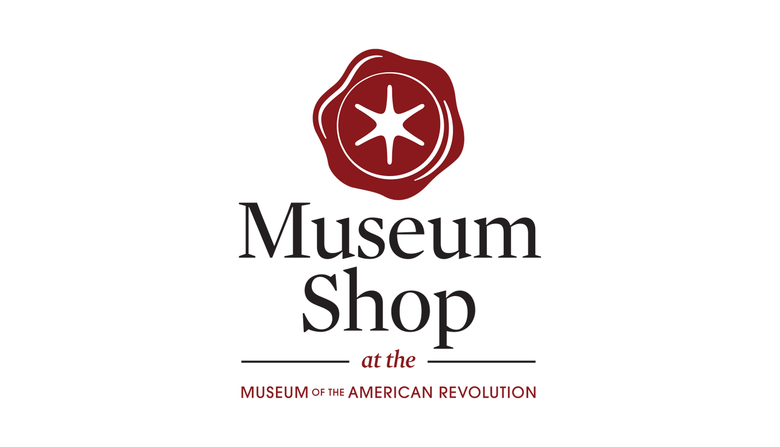 Logo for the Museum Shop Gift Card at the Museum of the American Revolution, showing a red wax seal with a white star above "Museum Shop" in black and red text on a white background.