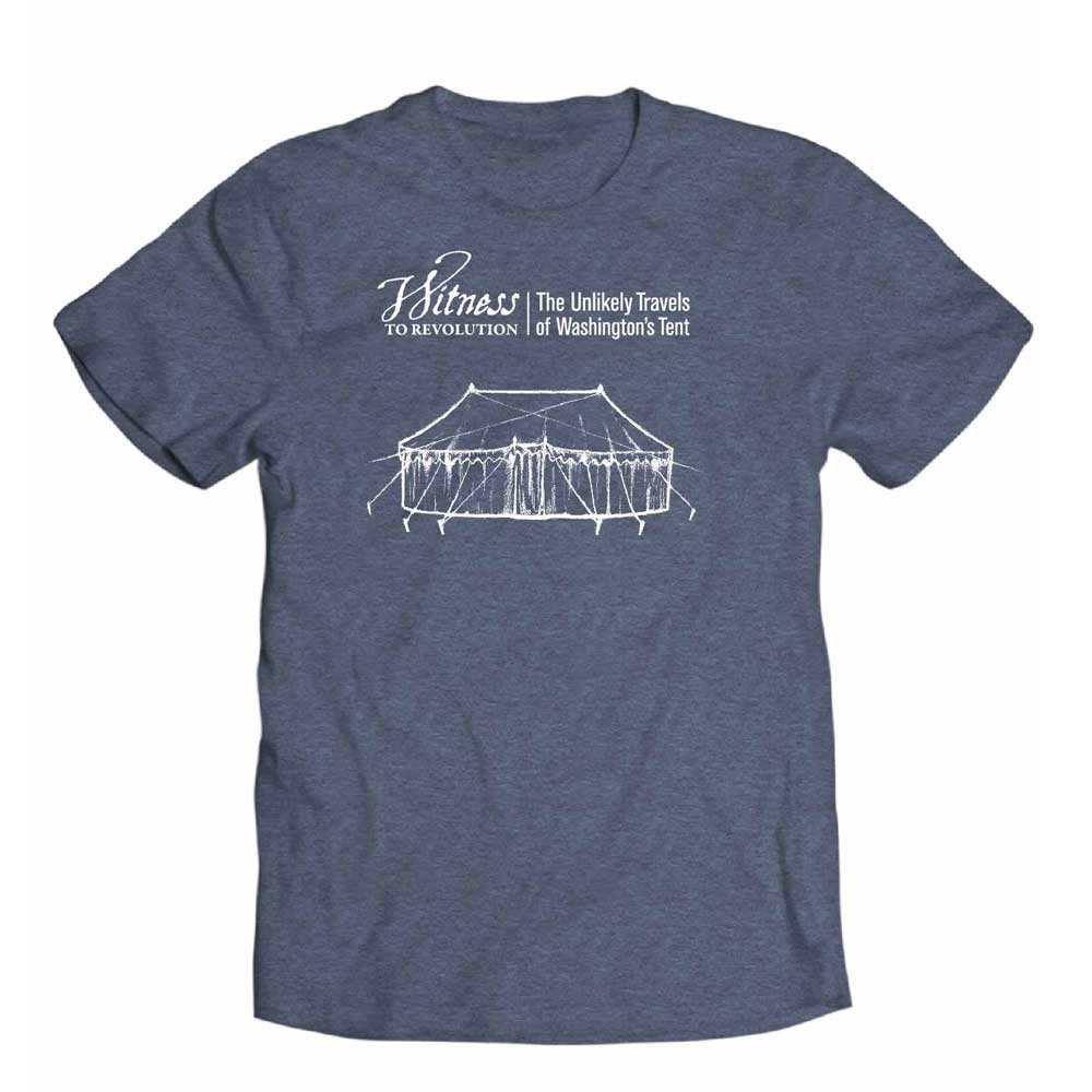 The Witness to Revolution T-Shirt is a heather-blue tee featuring a white line drawing of Washington's Tent and the words "Witness to Revolution" above.