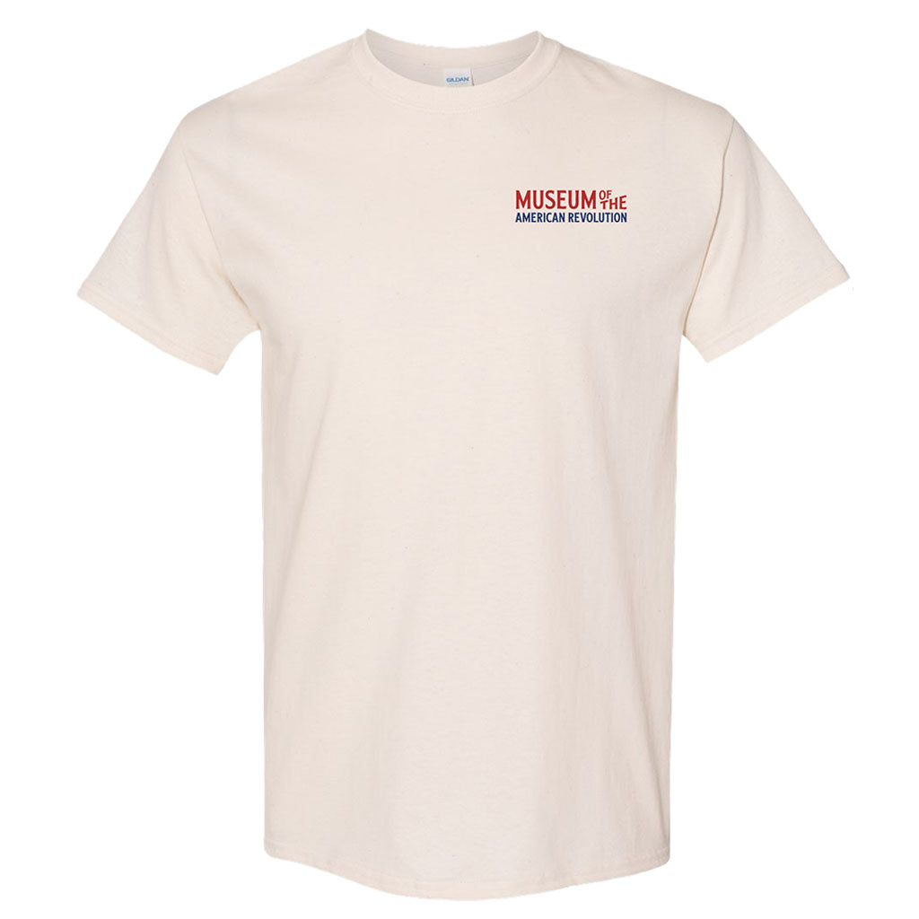 Off-white Museum T-Shirt, Short Sleeve, features "Museum of the American Revolution" printed in red and blue on the upper left chest.