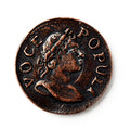 The 1760 Voce Populi Farthing, a bronze-colored colonial coin, displays a right-facing laurel-crowned profile and the inscription "VOCE POPULI," marking its place in pre-Revolutionary American commerce.