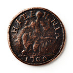 A worn 1760 Voce Populi Halfpenny features HIBERNIA at the top, with a faint central figure. Though wear obscures details, this colonial-era copper coin remains a prized historic collectible.