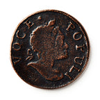 A close-up of the 1760 Voce Populi Halfpenny, a colonial token with a right-facing profile and "VOCE POPULI" inscribed around the edge. The coin features a dark patina and textured surface.