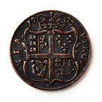A 1773 Virginia Halfpenny with a crowned shield, heraldic symbols, and a cross is shown against a white background. The worn coin displays raised text and details and reflects British colonial currency design.