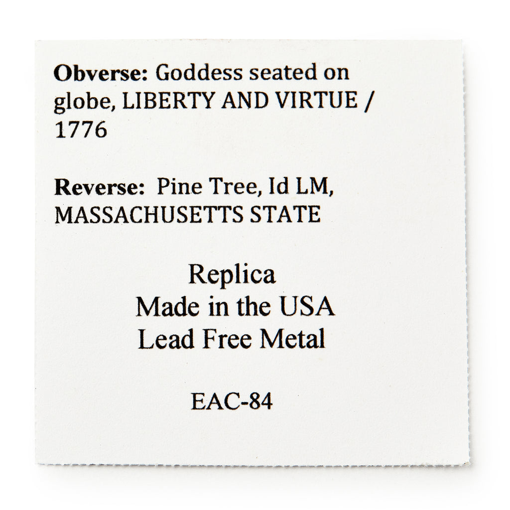 A white card reads: Obverse: Goddess on globe, LIBERTY AND VIRTUE / 1776. Reverse: Pine Tree, Id LM. 1776 Pine Tree Copper Coin Replica—celebrate colonial independence and American currency. Made in the USA from lead-free metal.