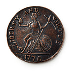The 1776 Pine Tree Copper Coin showcases a seated woman with a staff and liberty cap, encircled by "LIBERTY AND VIRTUE" and dated 1776—a tribute to colonial independence and early American currency.
