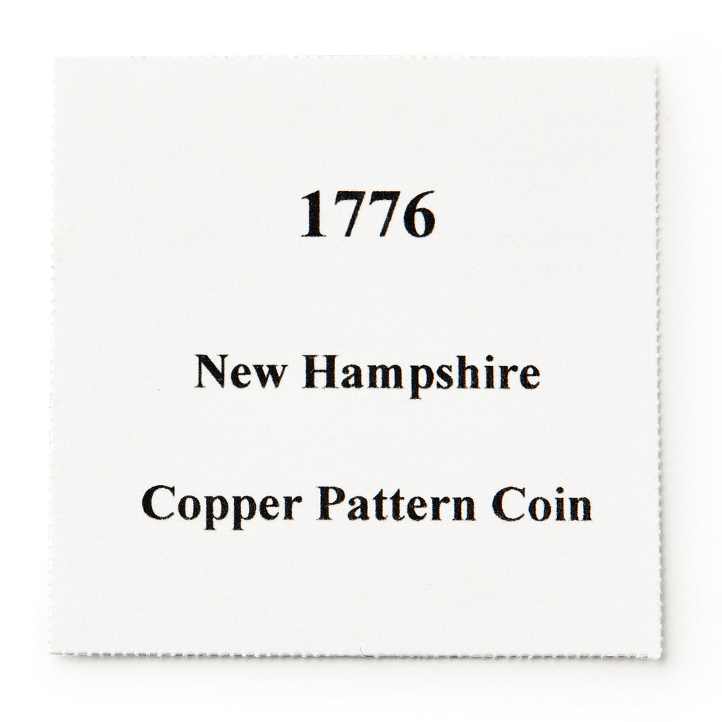 A square white card with black text displaying the 1776 New Hampshire Halfpenny, an early American colonial coin.