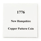 A square white card with black text displaying the 1776 New Hampshire Halfpenny, an early American colonial coin.
