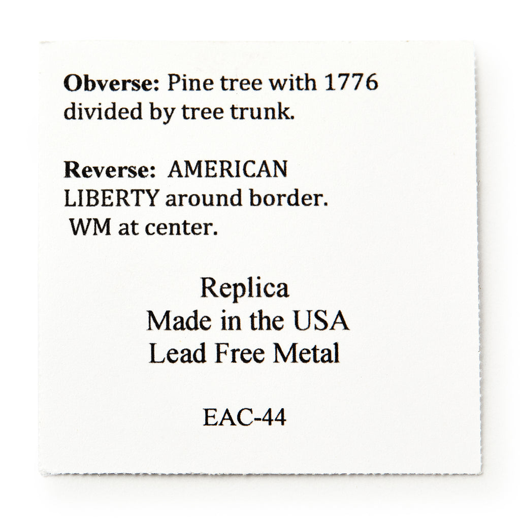 A white square card describes the 1776 New Hampshire Halfpenny replica: obverse shows a pine tree with 1776 split by the trunk; reverse reads AMERICAN LIBERTY and WM at center. Made in the USA from lead-free metal.