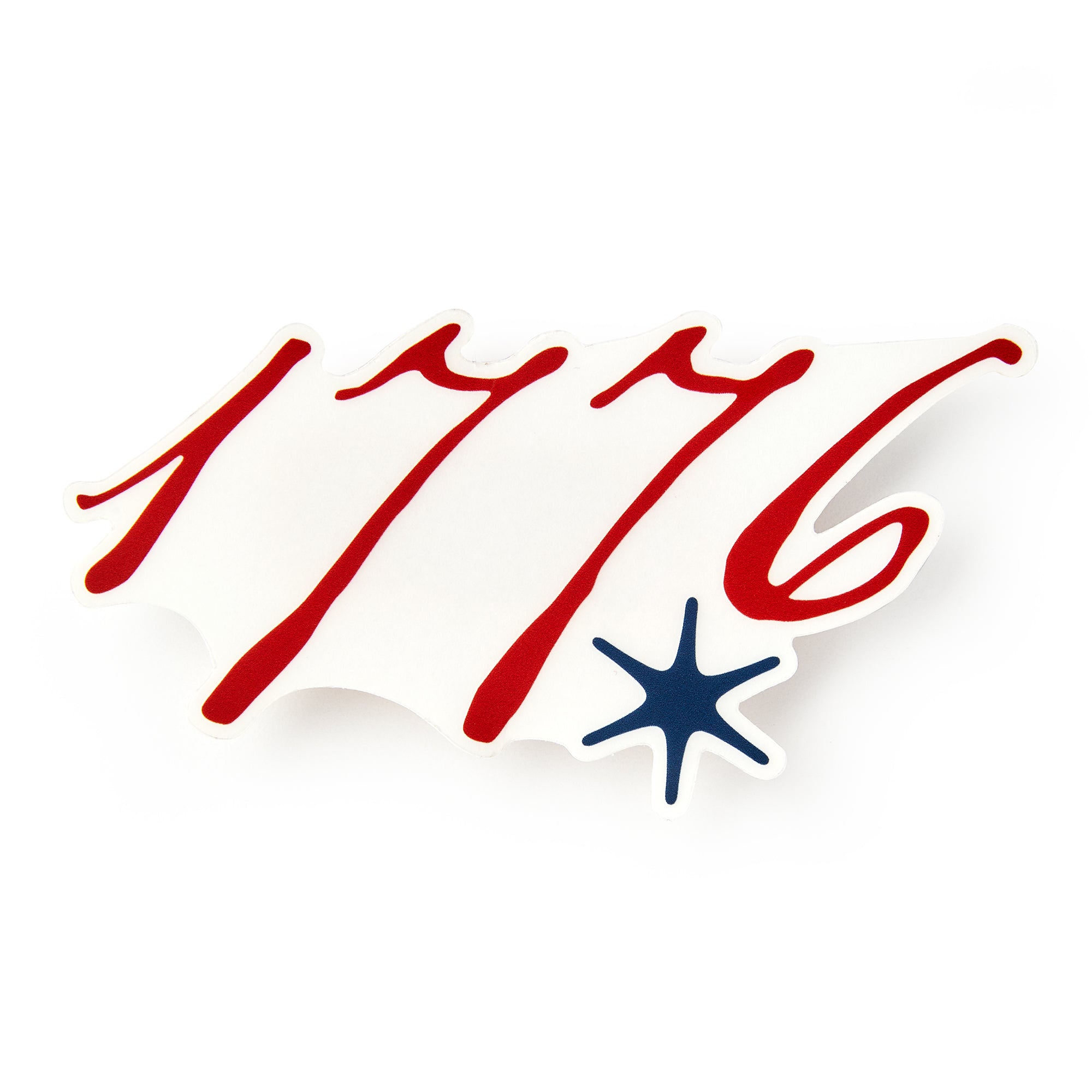 The 1776 Sticker features stylized red numbers with a blue star below the 6 on a white background, ideal as a patriotic vinyl decal or American history sticker for celebrating Independence Day.