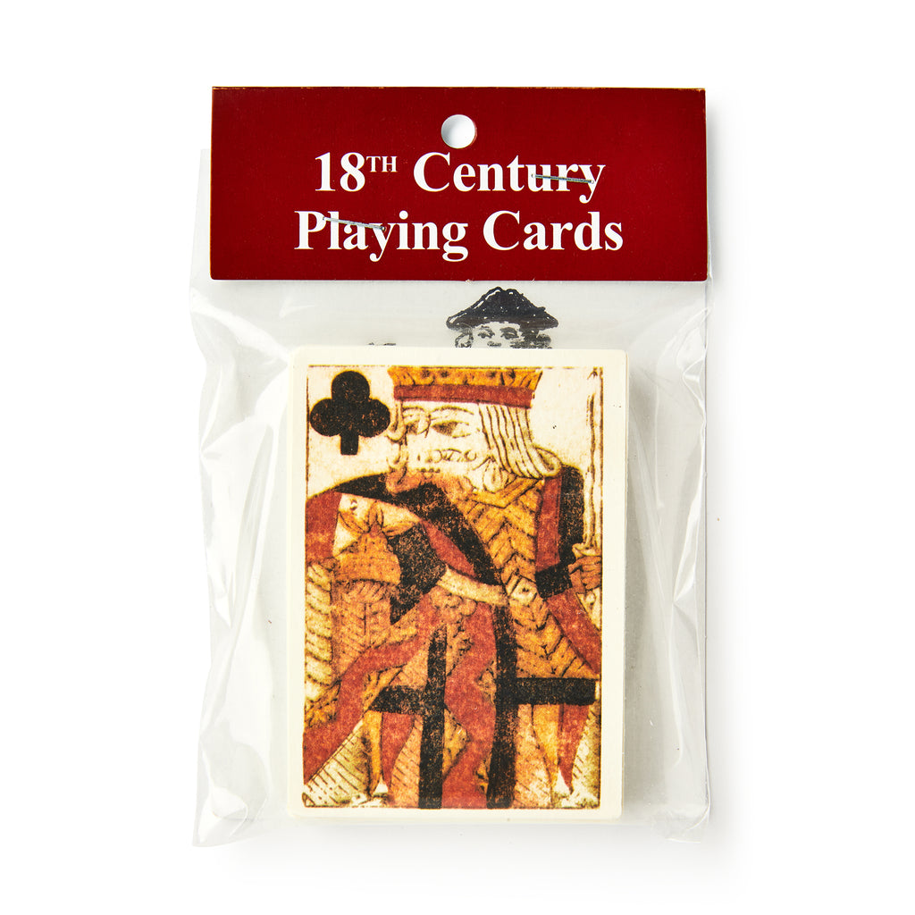 A sealed pack of 18th Century Playing Cards with a vintage King of Clubs illustration and a red and white label—an authentic collectible for historical playing card enthusiasts.