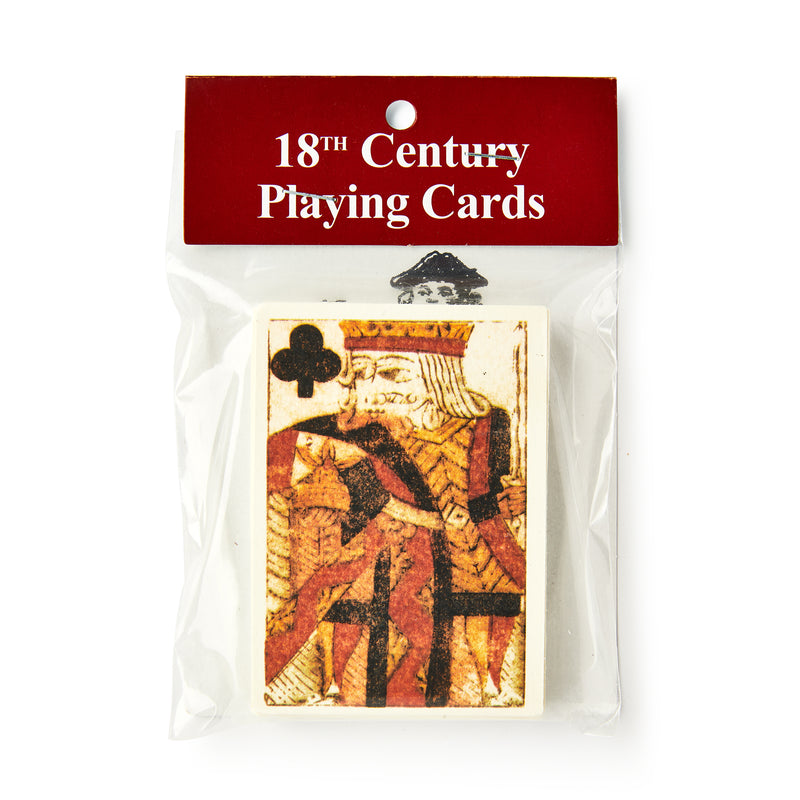 A sealed pack of 18th Century Playing Cards with a vintage King of Clubs illustration and a red and white label—an authentic collectible for historical playing card enthusiasts.