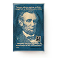 A printed image of Abraham Lincoln and his postage stamp are featured on the Abraham Lincoln Magnet, with yellow Gettysburg Address text on blue—making this a unique history gift that celebrates American democracy.