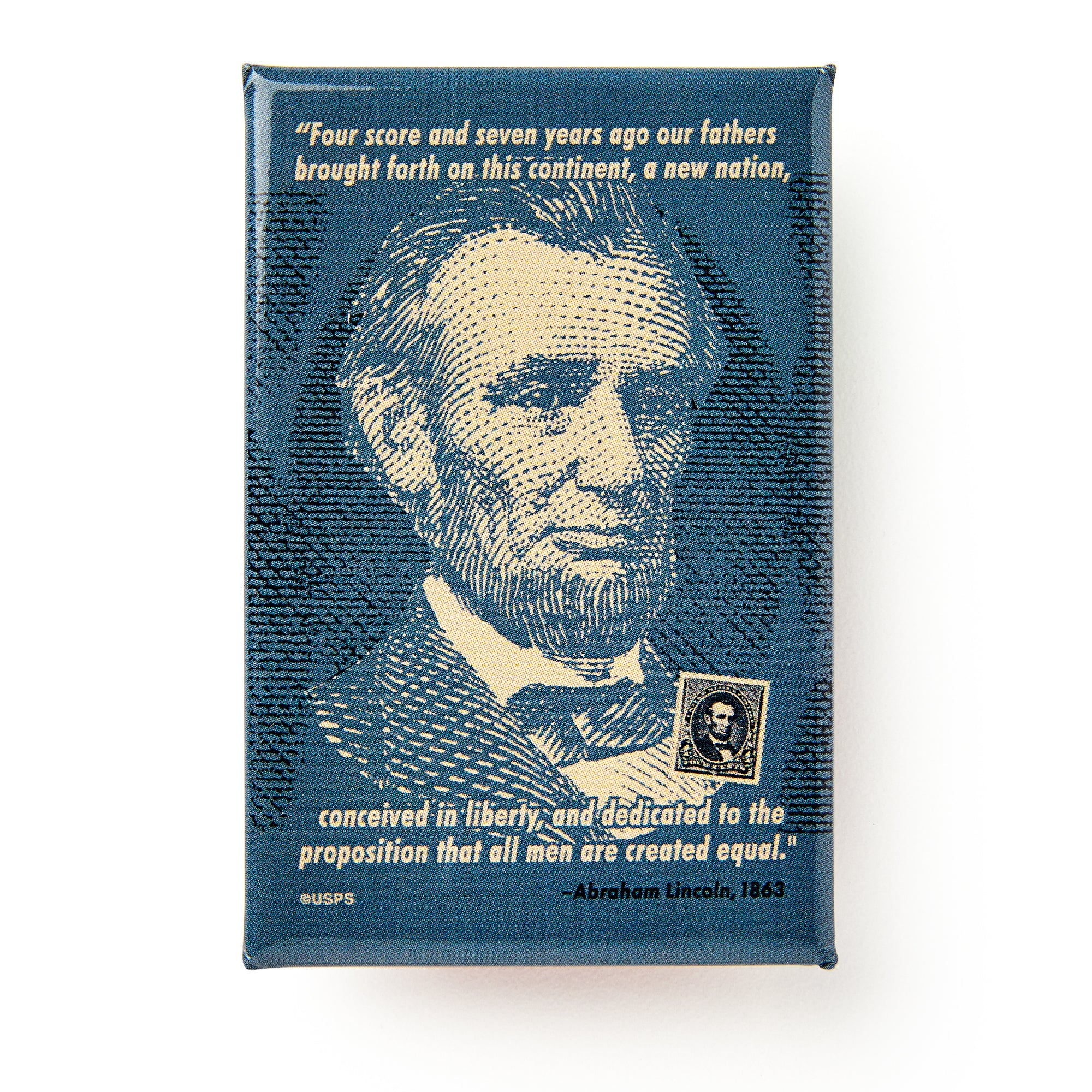 A printed image of Abraham Lincoln and his postage stamp are featured on the Abraham Lincoln Magnet, with yellow Gettysburg Address text on blue—making this a unique history gift that celebrates American democracy.
