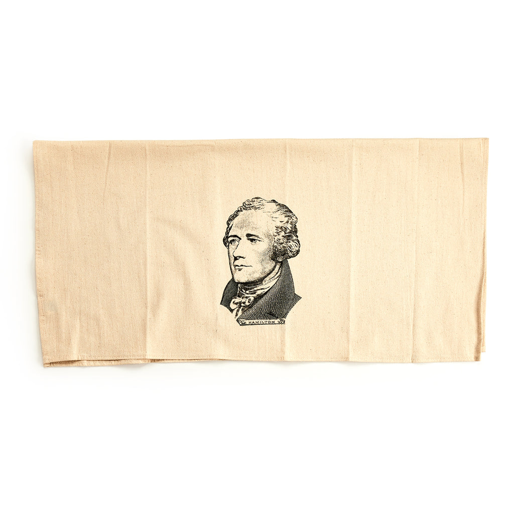 An Alexander Hamilton Engraving Tea Towel featuring a rectangular black-and-white engraving of the historical figure.