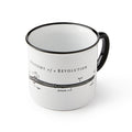 The Anatomy of a Revolution Mug is a white enamel cup with a black rim and handle, featuring a musket diagram labeled with parts like trigger, forestock, and barrel.