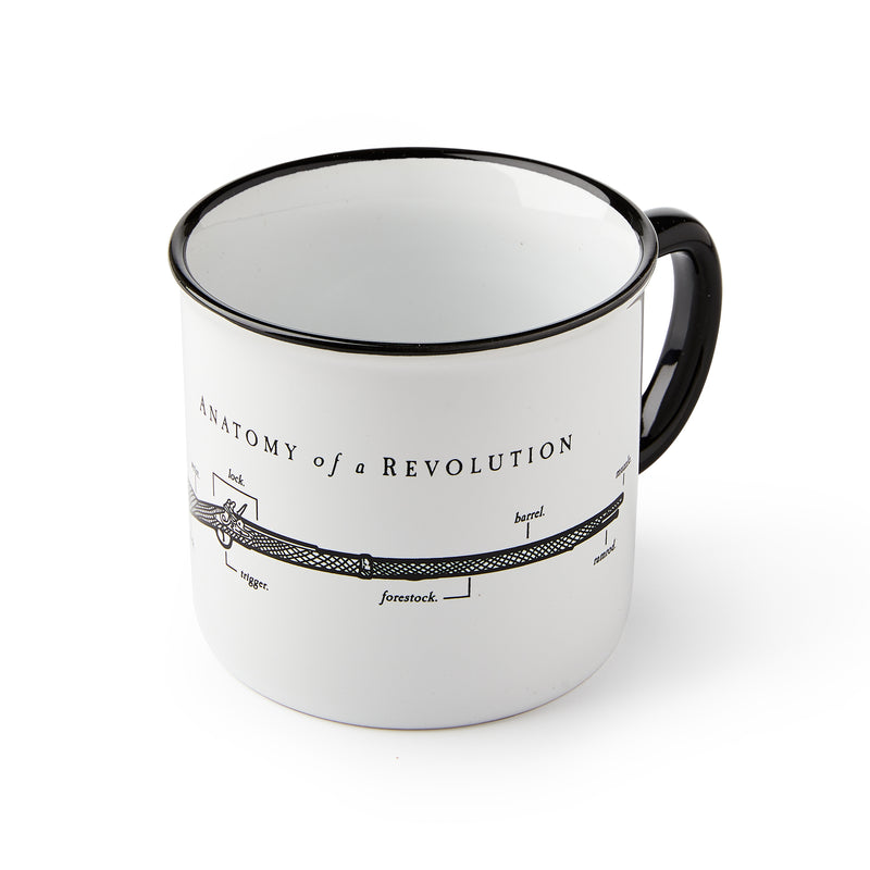 The Anatomy of a Revolution Mug is a white enamel cup with a black rim and handle, featuring a musket diagram labeled with parts like trigger, forestock, and barrel.