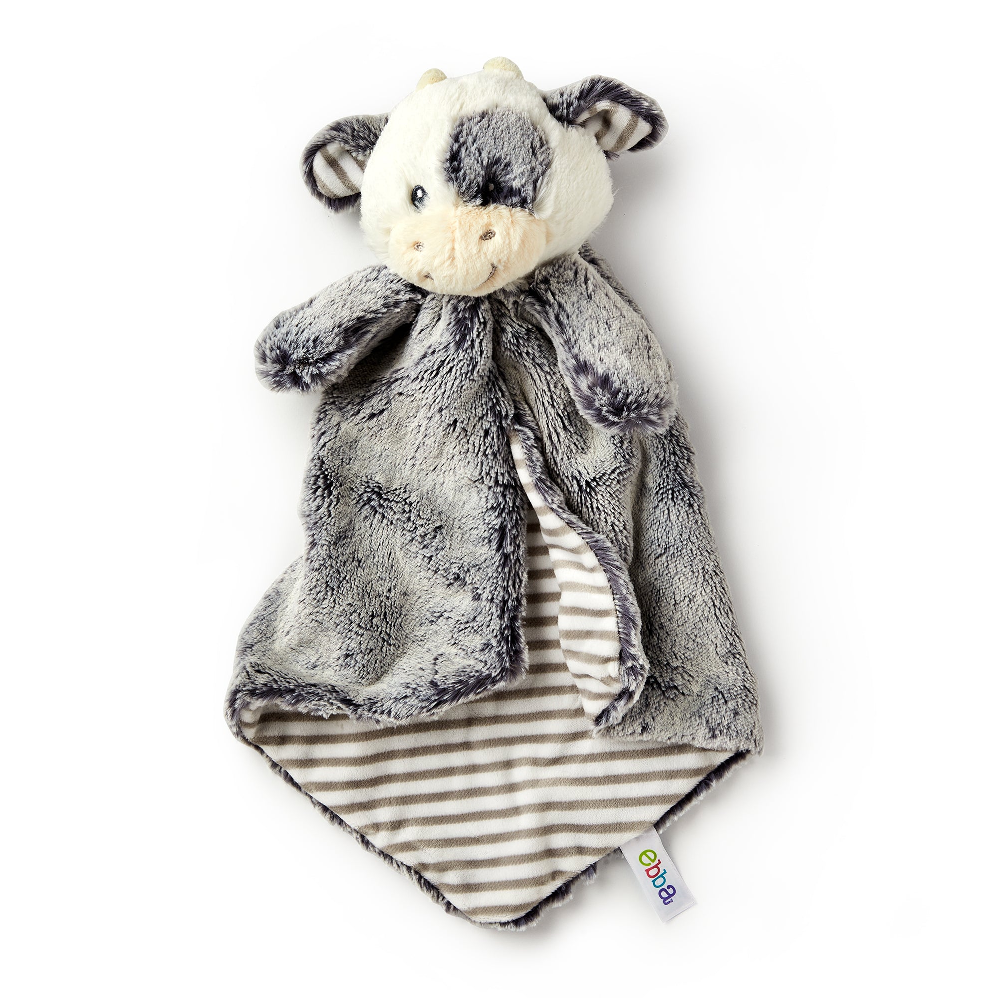 The Cuddler Cow Plush is a soft security blanket for babies, featuring gray and white fur, small horns, stitched facial features, a striped gray and white underside, and a "Bub" tag—an ideal nursery gift.