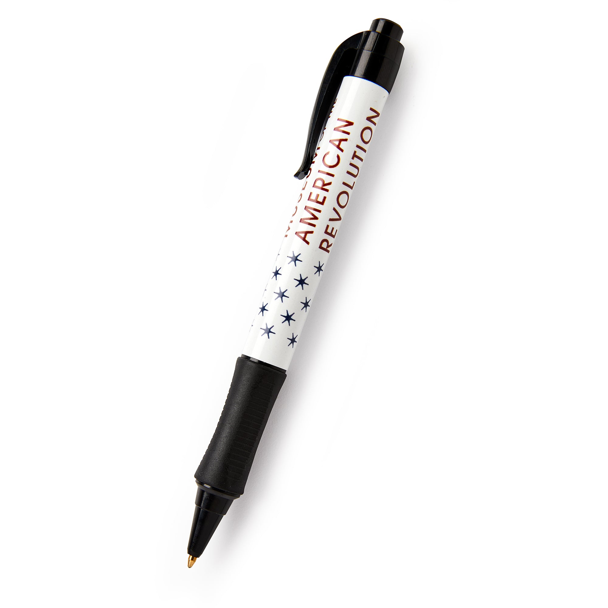 The Museum of the American Revolution Pen features a black and white design with "AMERICAN REVOLUTION" in red letters, blue stars on the barrel, and includes a black clip and grip.