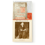 A packet of Benjamin Franklin Paper Money is partially visible above a card showing an old-fashioned illustration of Franklin seated and writing, with his signature printed beneath the image.