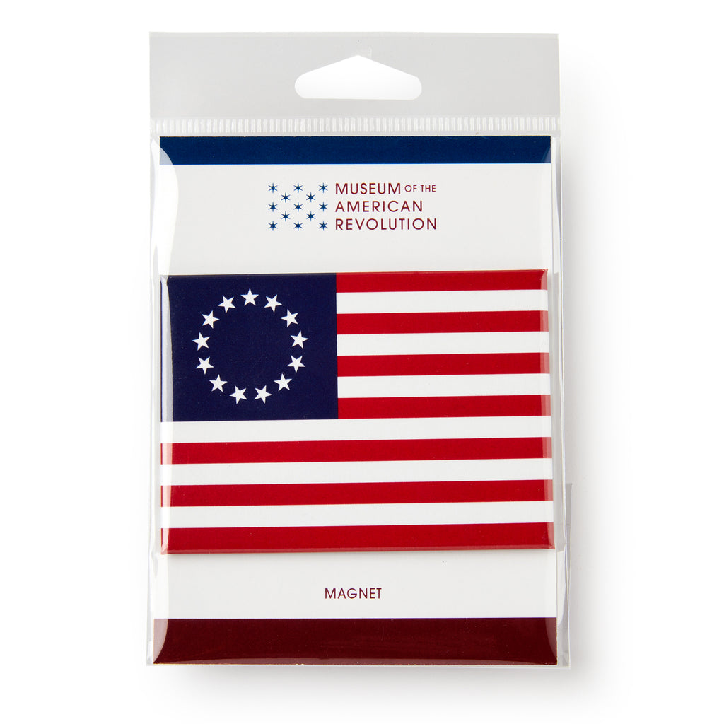The Betsy Ross Flag Magnet, featuring 13 stars in a circle, is packaged by the Museum of the American Revolution.
