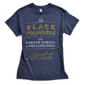 Black Founders T-Shirt in navy blue features yellow and white text: "Black Founders The Forten Family of Philadelphia," James Forten’s signature below, and a small ship illustration at the top.