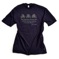 Dark blue Boston Tea Party Ships T-Shirt featuring a graphic of the ships Beaver, Dartmouth, and Eleanor, above a quote by John Adams commemorating the 250th anniversary of American independence.
