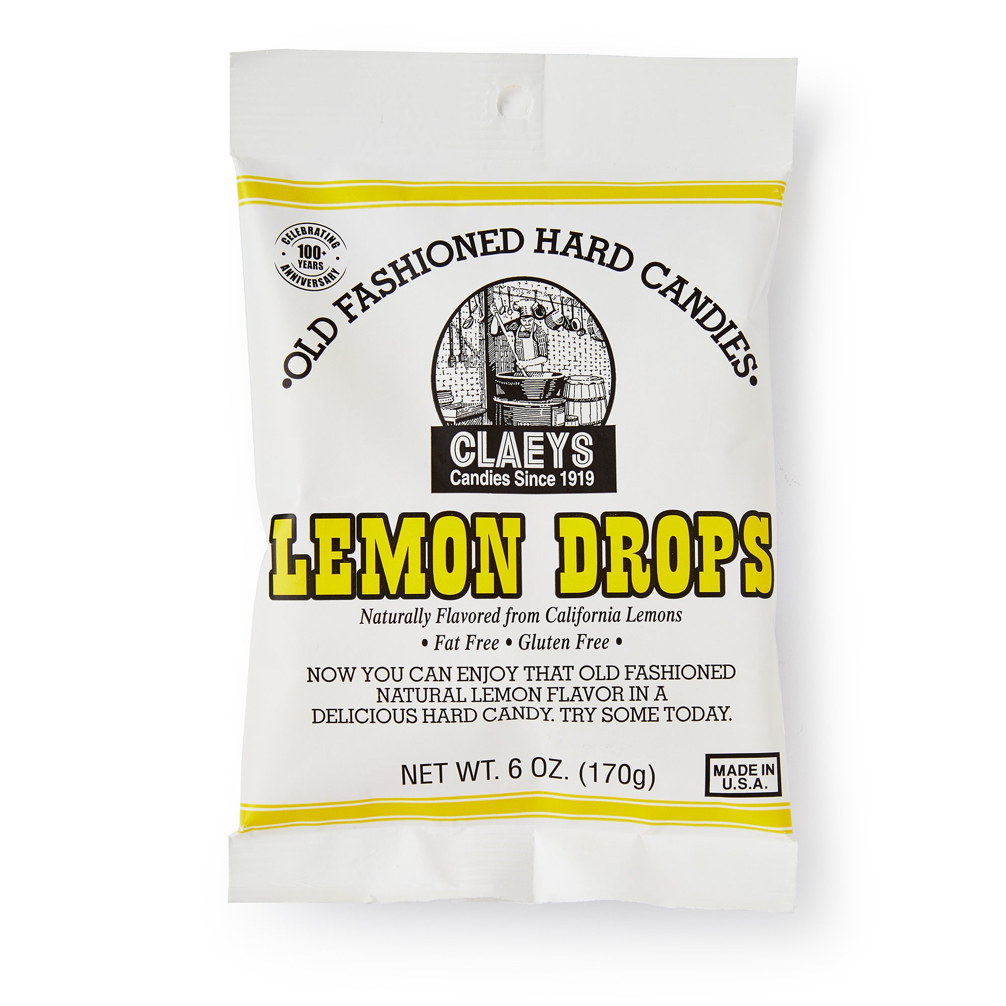 A white bag of Lemon Old Fashioned Hard Candies shows bold yellow text and black accents. The packaging notes these classic sweets are fat free, gluten free, and naturally flavored from California lemons. Net weight: 6 oz (170g).