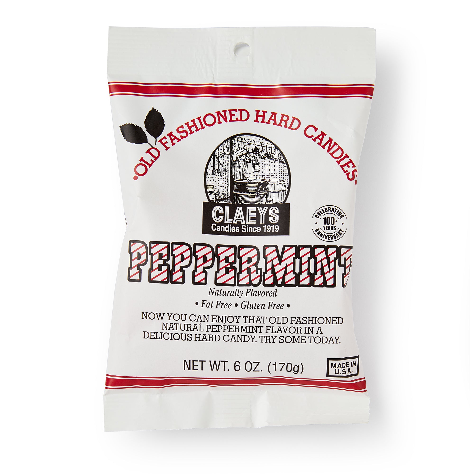A white bag of Peppermint Old Fashioned Hard Candies displays a vintage label with red and black text. These fat-free, gluten-free peppermint candies are made in the USA. Net weight: 6 oz (170g).