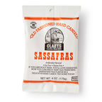 A white bag of Sassafras Old Fashioned Hard Candies, with red and black text and a nostalgic candy maker image. This 6 oz (170g) bag is fat-free, gluten-free, and ideal for those who love classic flavors.