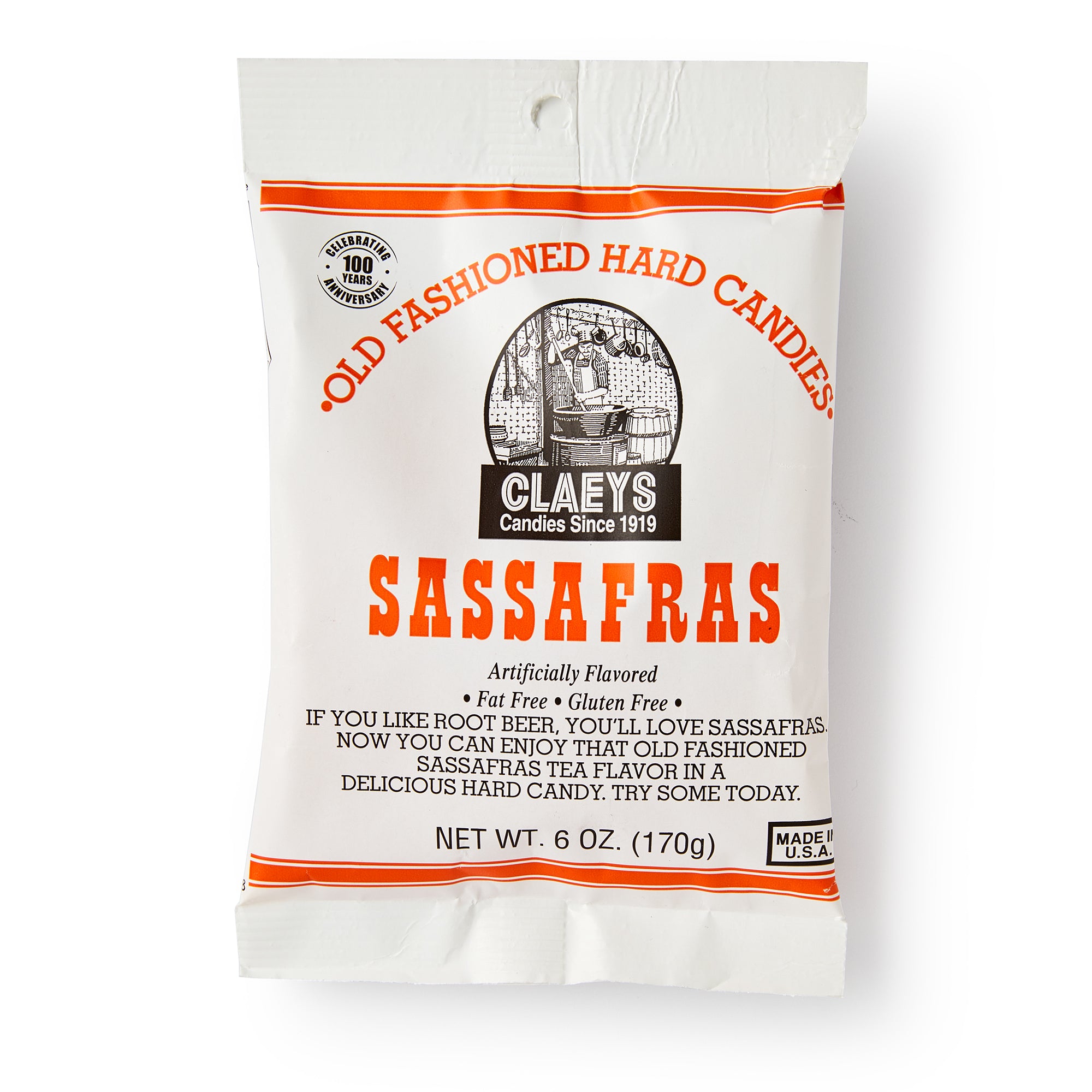 A white bag of Sassafras Old Fashioned Hard Candies, with red and black text and a nostalgic candy maker image. This 6 oz (170g) bag is fat-free, gluten-free, and ideal for those who love classic flavors.