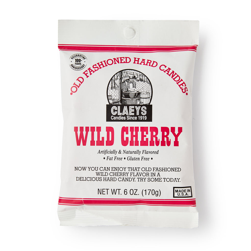 A white and red bag of Wild Cherry Old Fashioned Hard Candies featuring a vintage "Since 1919" logo. The front notes it’s fat free, gluten free, and both artificially and naturally flavored. Net weight is 6 oz (170g).