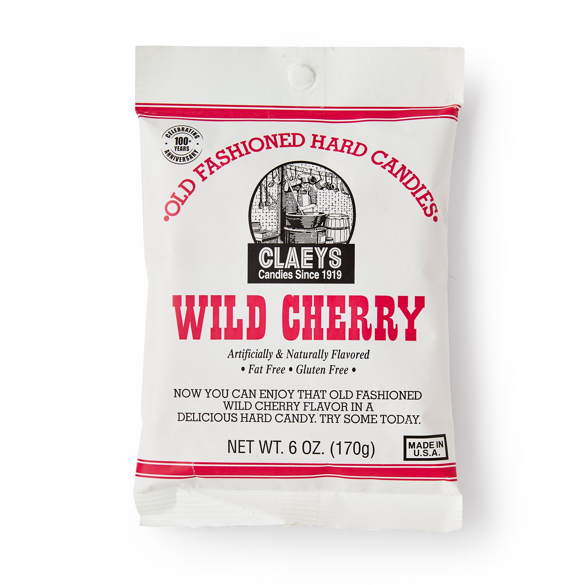 A white and red bag of Wild Cherry Old Fashioned Hard Candies featuring a vintage "Since 1919" logo. The front notes it’s fat free, gluten free, and both artificially and naturally flavored. Net weight is 6 oz (170g).
