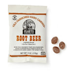 A bag of Root Beer Old Fashioned Hard Candies features root beer flavored ovals and comes in white vintage-style packaging with brown and orange text and classic graphics.