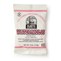 A 6 oz white bag of Watermelon Old Fashioned Hard Candies features pink and black text, a vintage illustration, and highlights Fat Free, Gluten Free, Made in USA. Enjoy these classic watermelon-flavored hard candies!.
