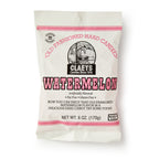 A 6 oz white bag of Watermelon Old Fashioned Hard Candies features pink and black text, a vintage illustration, and highlights Fat Free, Gluten Free, Made in USA. Enjoy these classic watermelon-flavored hard candies!.