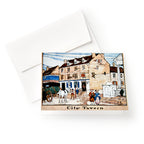Colonial Taverns Note Cards feature an illustrated Revolutionary Era tavern scene with people, horse-drawn carriage, and historic buildings. Each card comes with a white envelope—a charming addition to your note card collection.