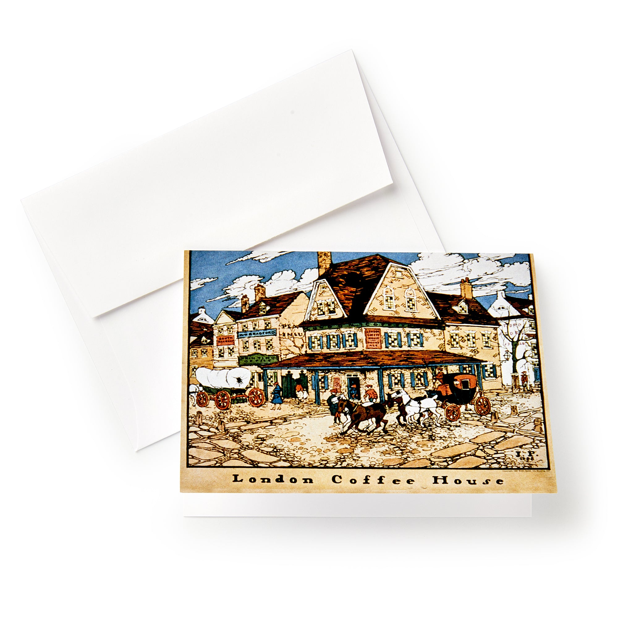 Colonial Taverns Note Cards: Illustrated greeting card of the historic London Coffee House tavern with horse-drawn carriages and people outside. Includes two white envelopes behind the card.
