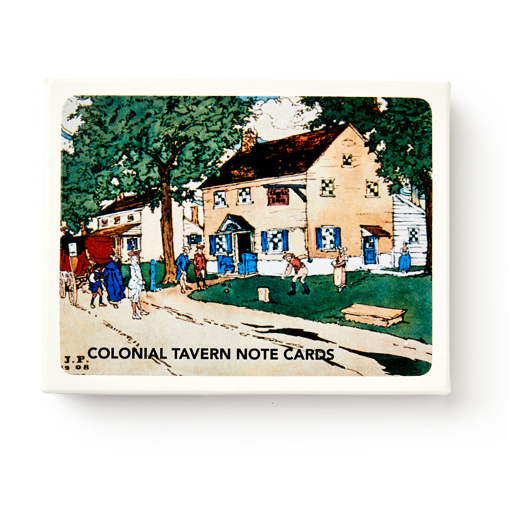 Colonial Taverns Note Cards feature an illustrated Revolutionary Era tavern with blue shutters, surrounded by trees and people gathering outside.